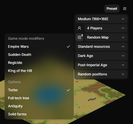 The lobby options next to the preset menu