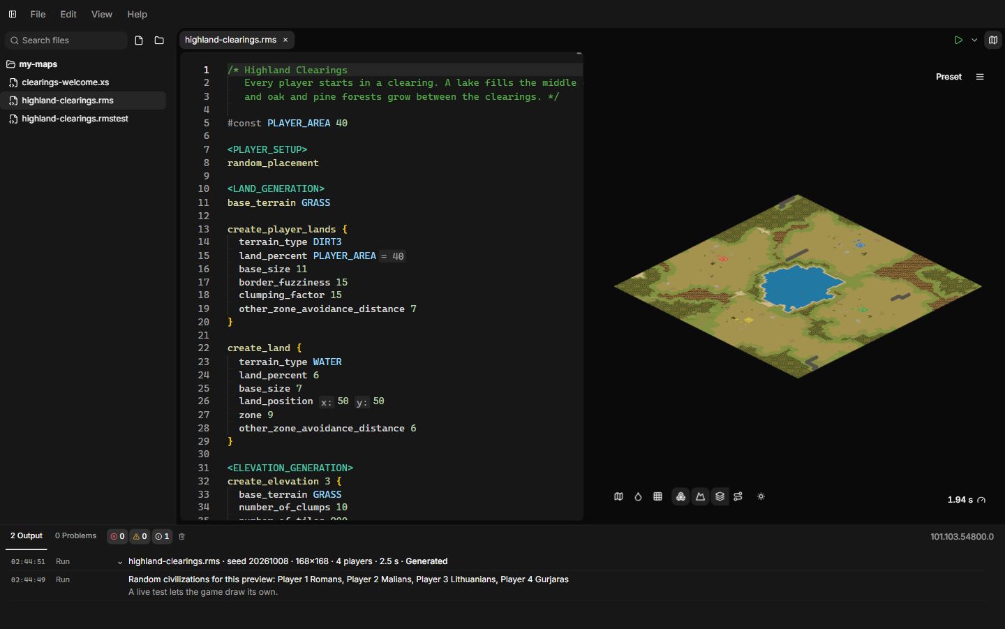 The AoE2RMSIDE window with the Explorer, the editor and the map preview