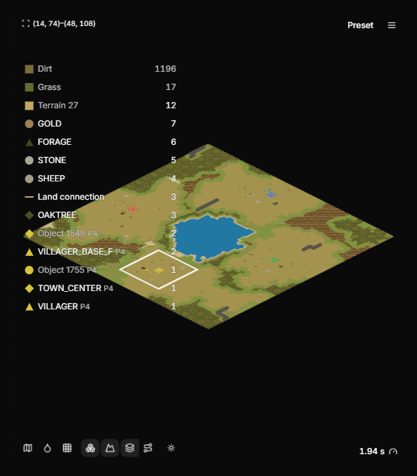 The selection list for an area of the map